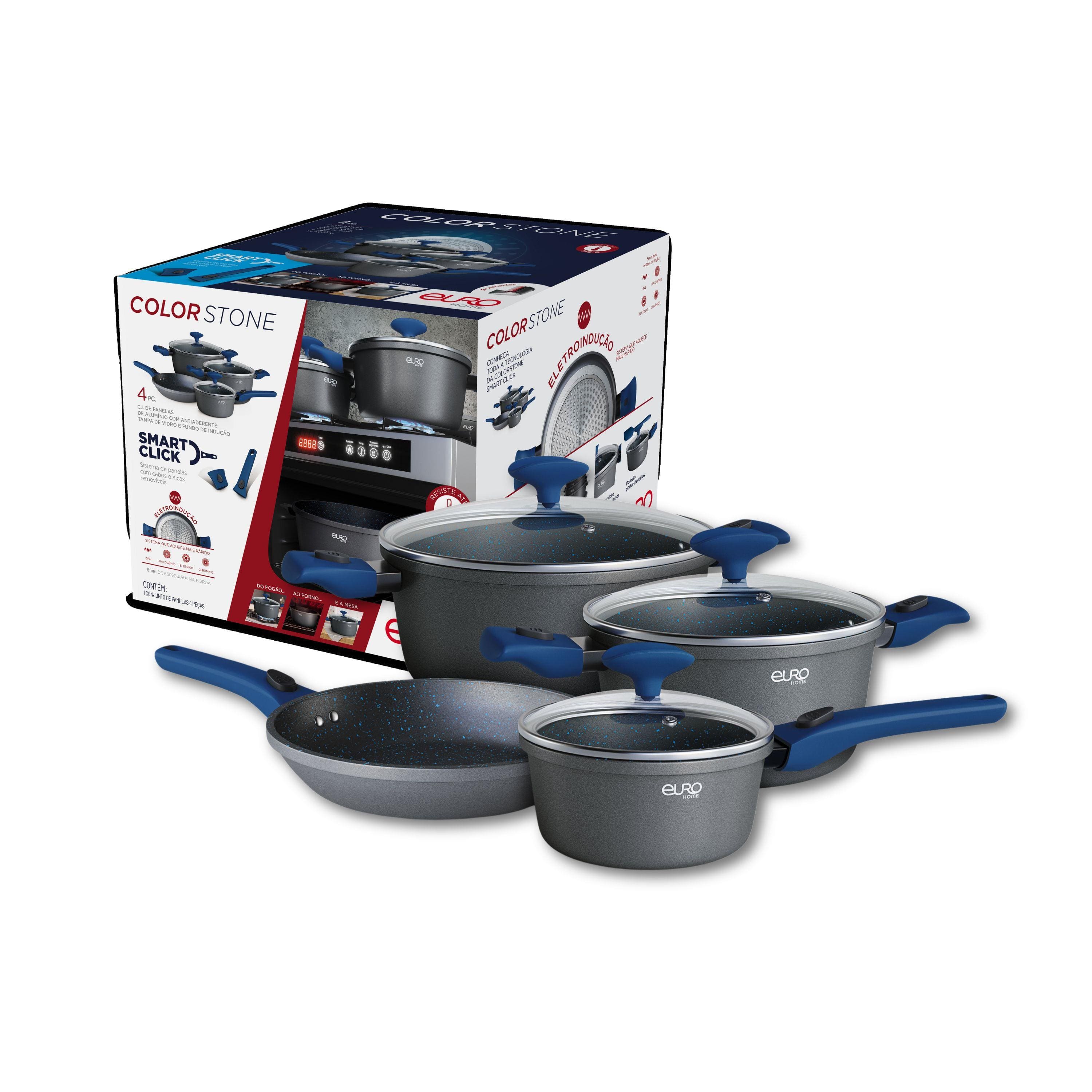 Conjunto de Panelas Euro Home Colorstone Smart Click 4 Peças Antiaderente Cabo Removível Azul