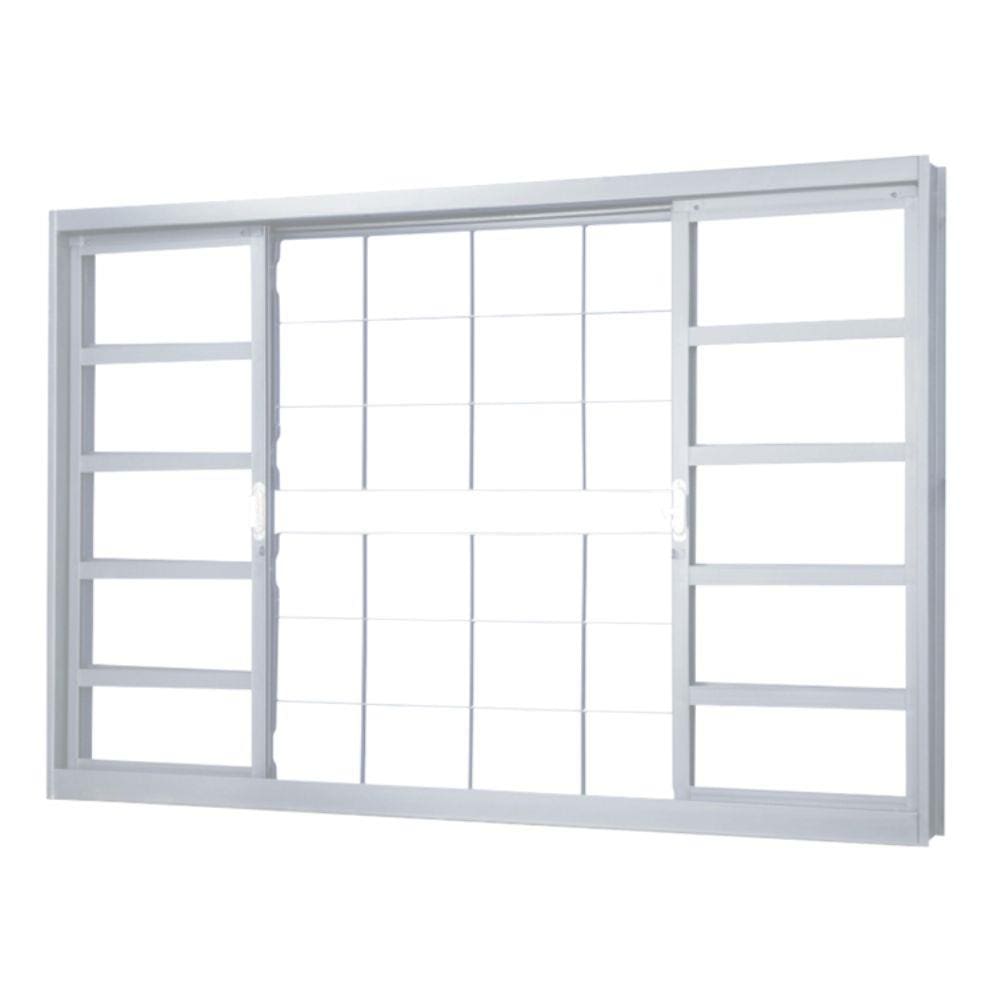 Janela de Correr em Aço Alterosa 4 Folhas 2 Fixas com Grade Central Quadriculada sem Basculante MGM Minas Sul 1,00mx1,20mx12cm - Requadro 120mm Branco
