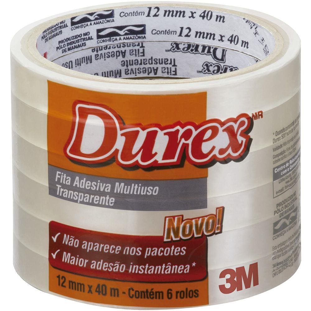 Fita Adesiva Durex 12mm x 40m - Pacote c/6 - Transparente - 3M