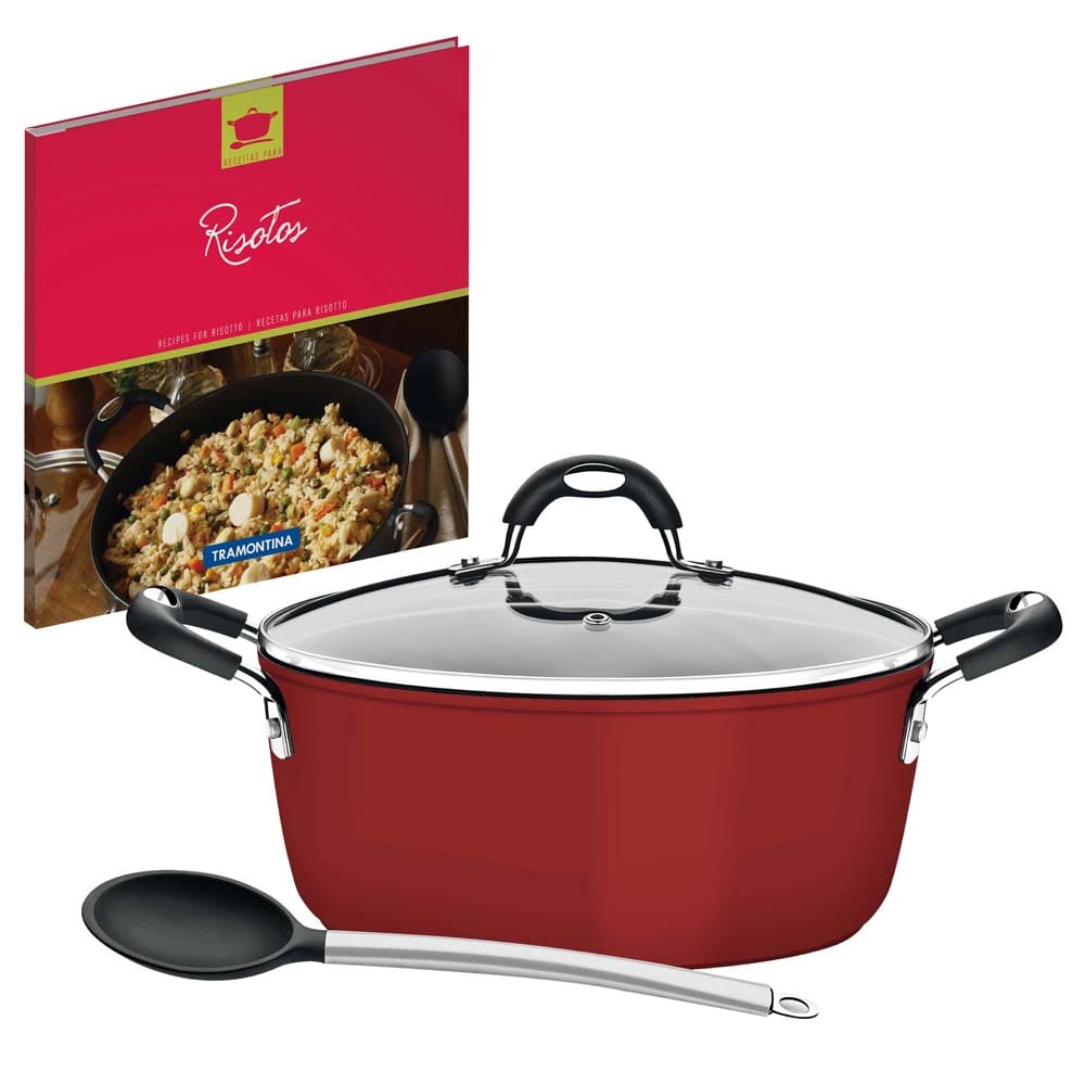 Risoteira Tramontina Mônaco Vermelha Com Colher de Silicone, Tampa de Vidro e Um Exclusivo Livro de Receitas Para Risotos - 2 Peças