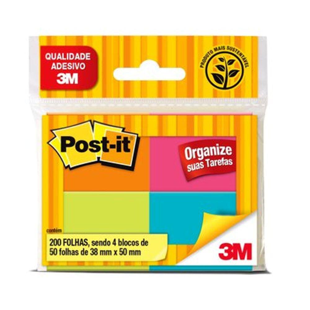 Blocos Adesivos Post-It 4 Cores Tropical 50 Folhas | 4 Blocos - 3m