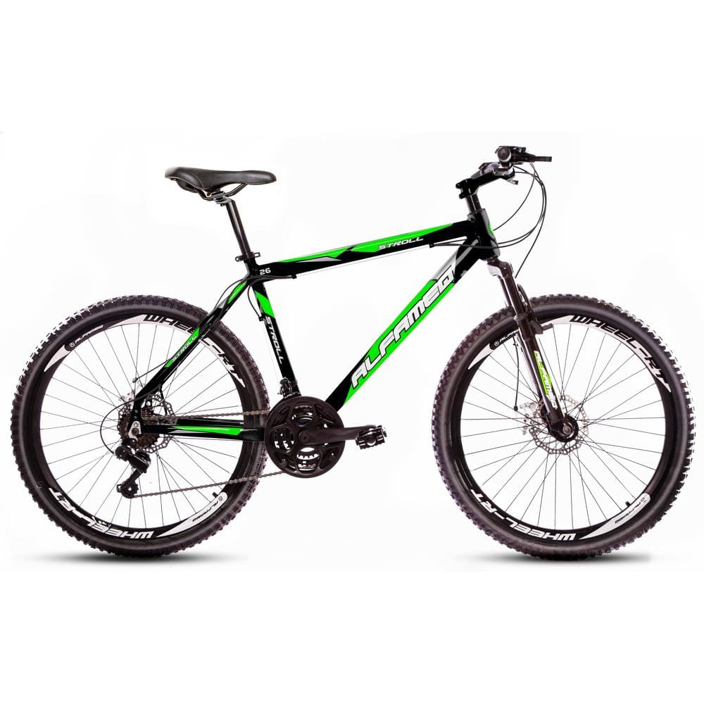 Bicicleta Alfameq Stroll Aro 26 Freio À Disco 21 Marchas - Preta Com Verde  - Quadro 19 | Extra