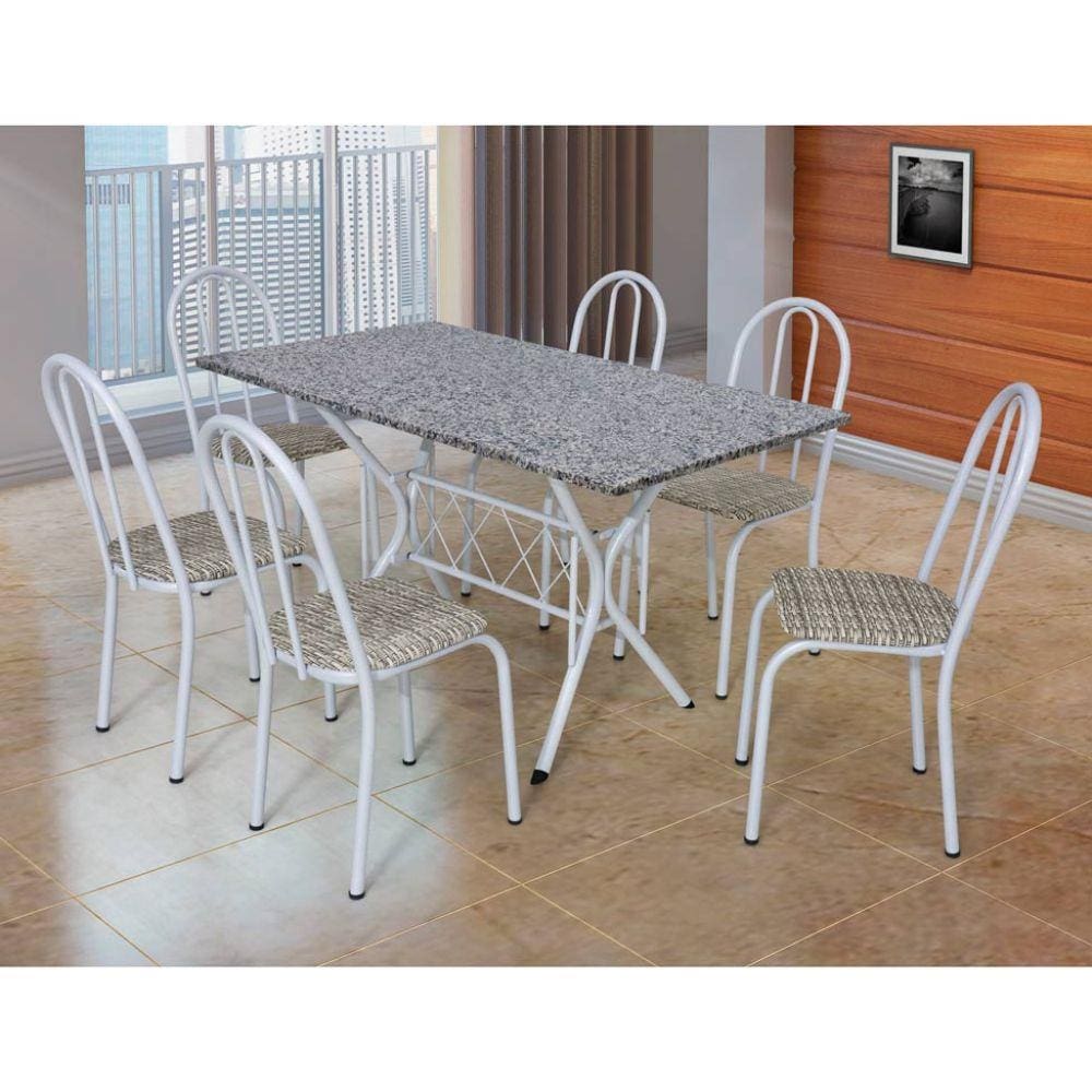 Conjunto Mesa E 6 Cadeiras Bruna 005 Branco E Estampa Rattan