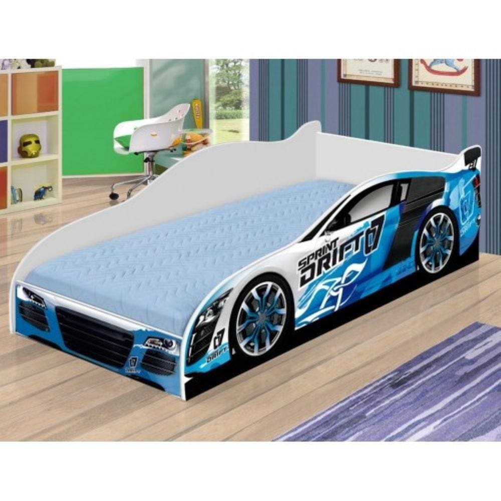 Cama Infantil com Grade de Proteção 100% MDF 49x75x153 cm Carro Drift Azul  - J & A Móveis